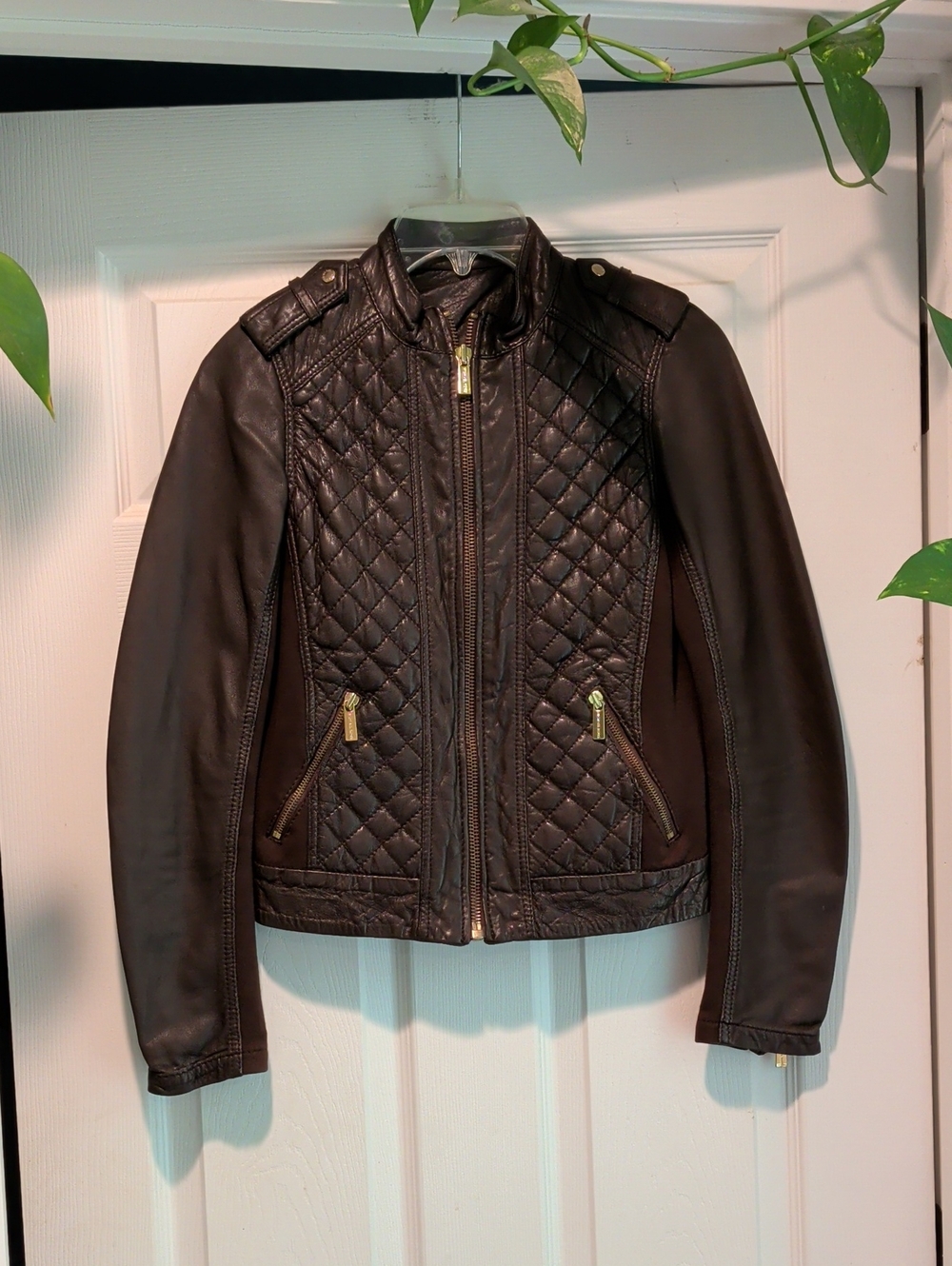 MICHAEL KORS Leather Moto Jacket Brown, XS